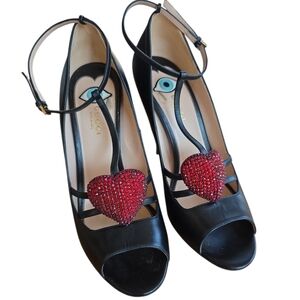 Gucci Black and Red Rhinestone Heart Malaga Kid Heels